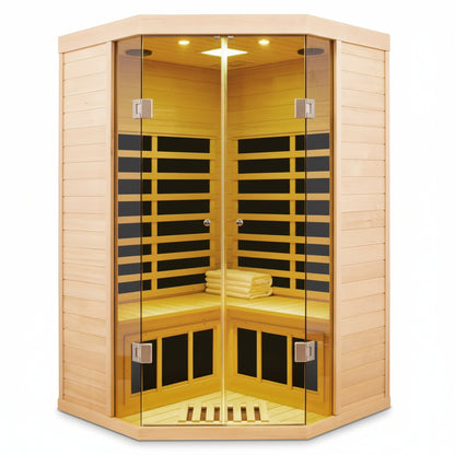 2-Person Corner Far Infrared Sauna Room - Hemlock Wood, Deluxe Transparent Glass Front, Large Capacity Home Sauna