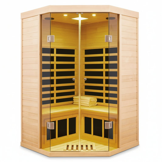 2-Person Corner Far Infrared Sauna Room - Hemlock Wood, Deluxe Transparent Glass Front, Large Capacity Home Sauna