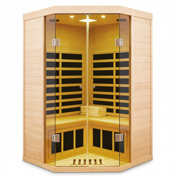 2-Person Corner Far Infrared Sauna Room - Hemlock Wood, Deluxe Transparent Glass Front, Large Capacity Home Sauna